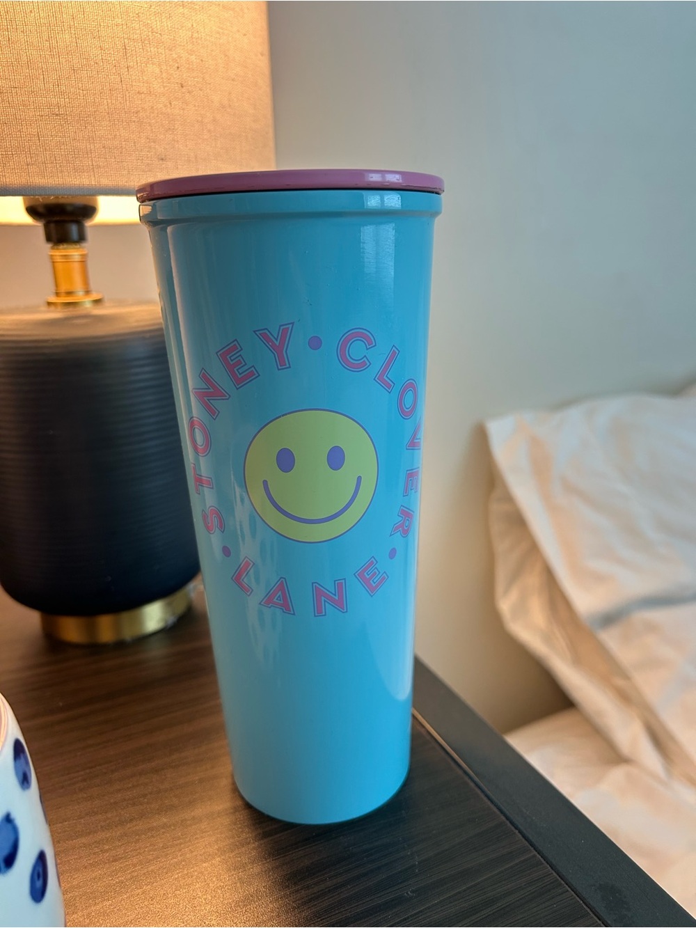 Stoney Clover Lane Blue Tumbler with Pink Lid and Yellow Smiley